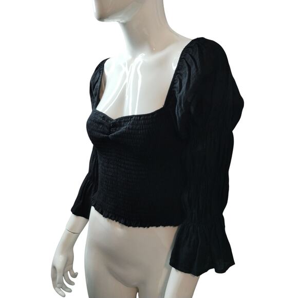 Lulus Women's size M Savia Black Smocked Puff Sleeve Crop Whimsigoth Witchy Top - Picture 11 of 12
